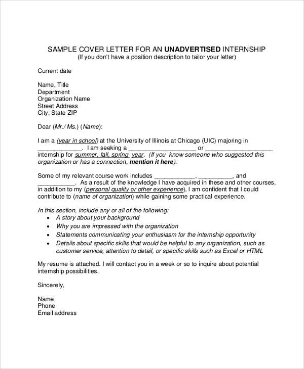 sample cover letter for internship