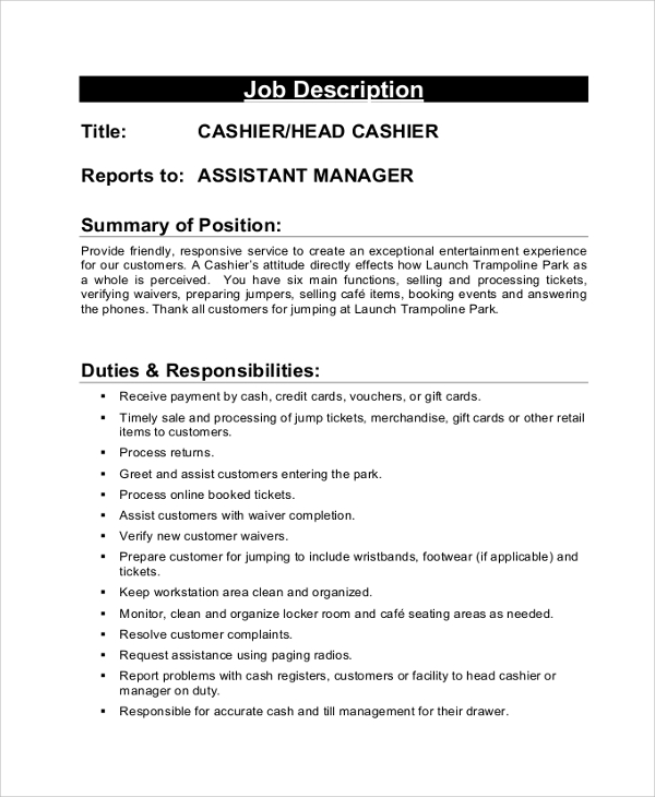 cashier worker job description resume