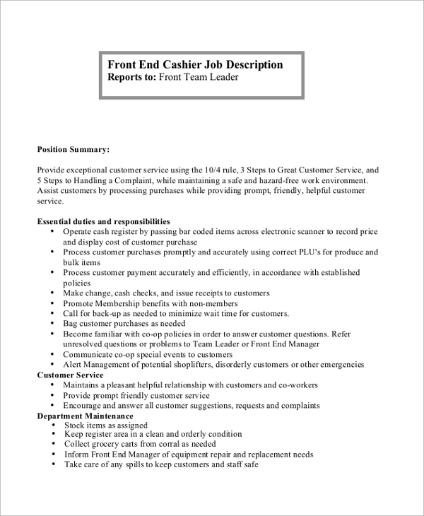 front end cashier job description