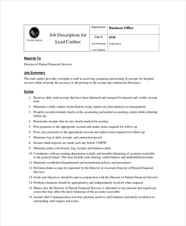 FREE 11+ Sample Cashier Job Descriptions in PDF | MS Word