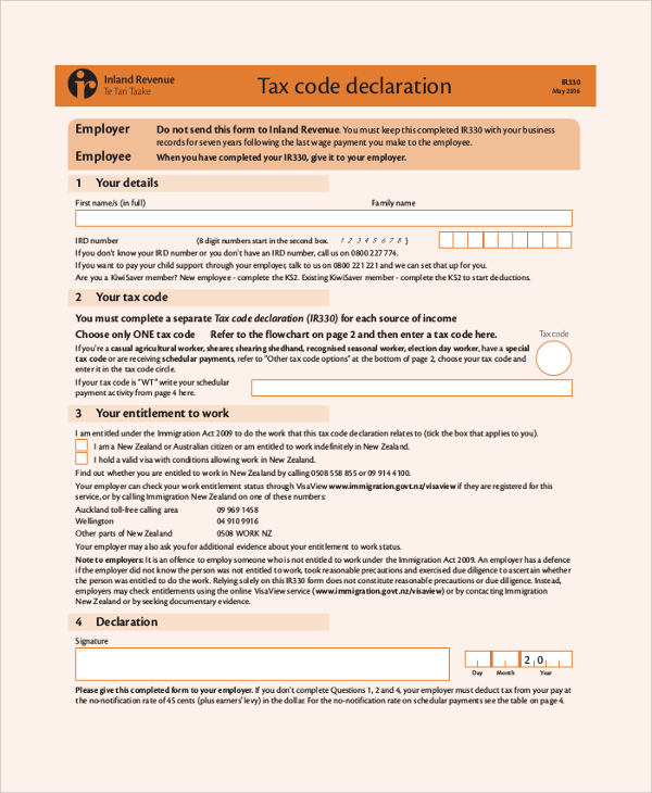 tax code declaration form sample