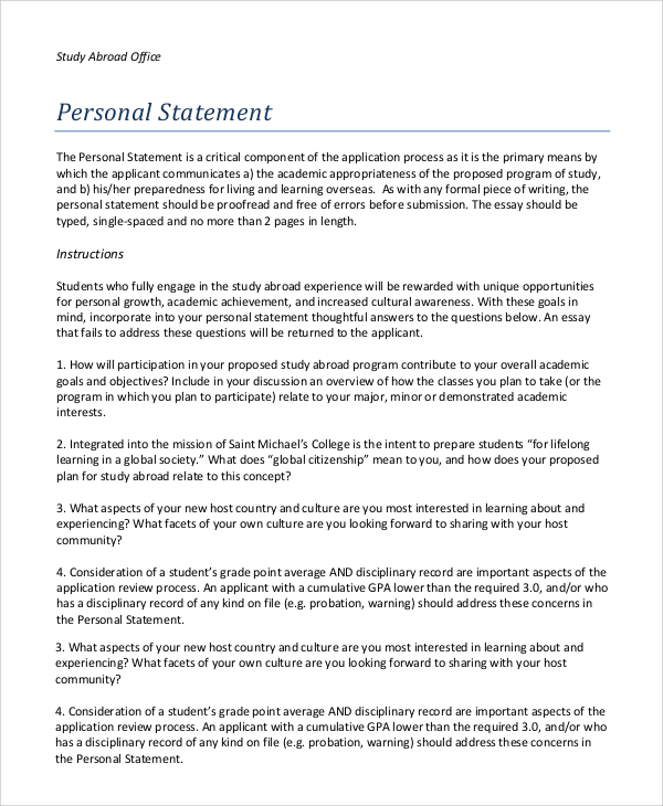 Free Sample Personal Statement