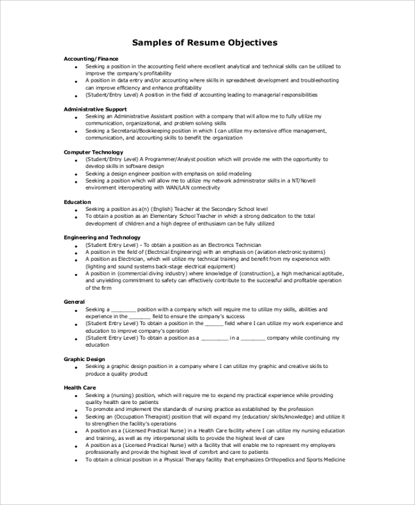 sample resume objective 9 examples in pdf word