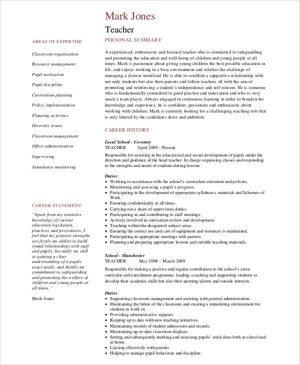 resume for teaching job