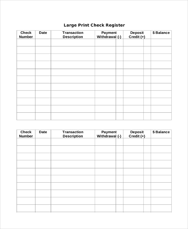 blank checkbook register