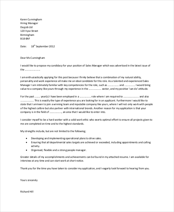 sales manager cover letter for cv