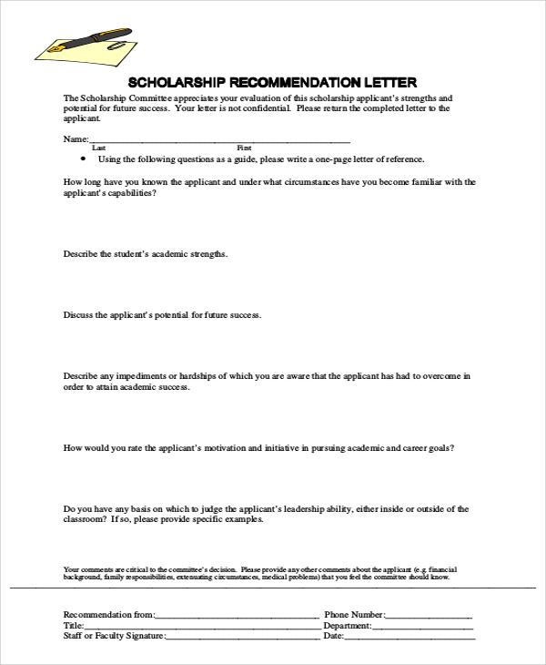 sample recommendation letter for scholarship