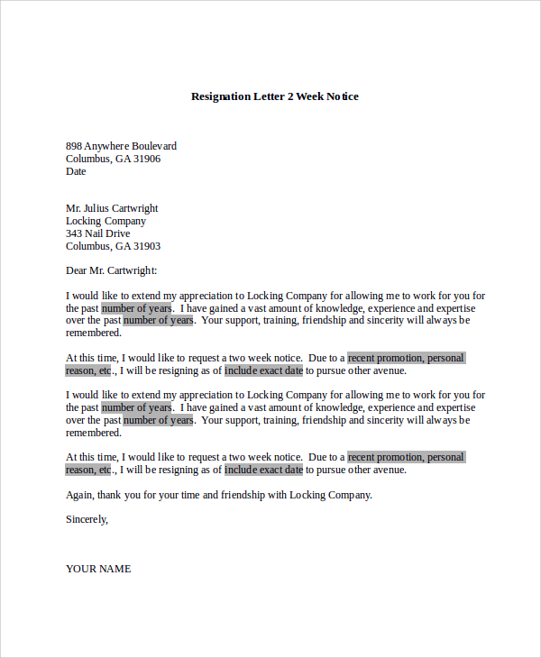 resignation letter 2 week notice sample