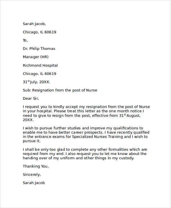 Letter Of Resignation Nurse Sample