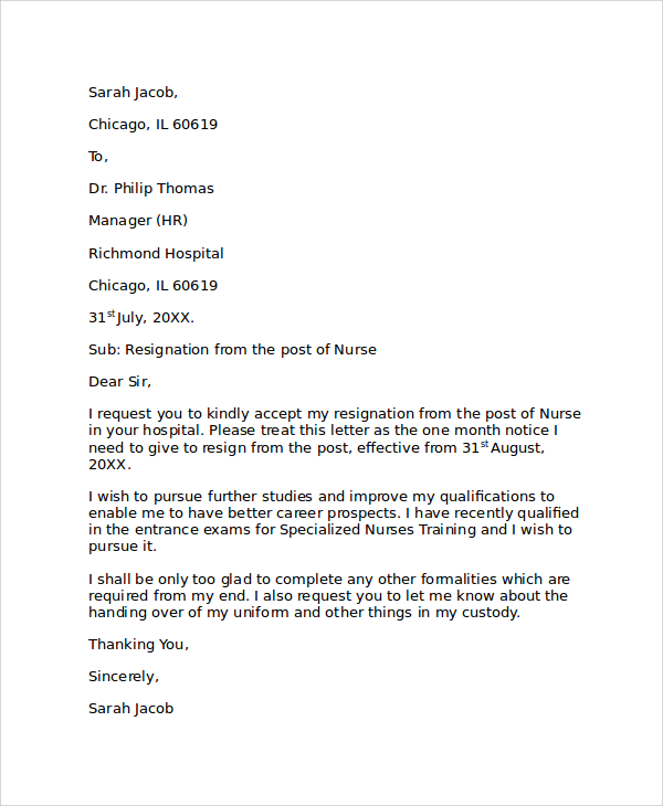 Letter Of Resignation Template Nursing