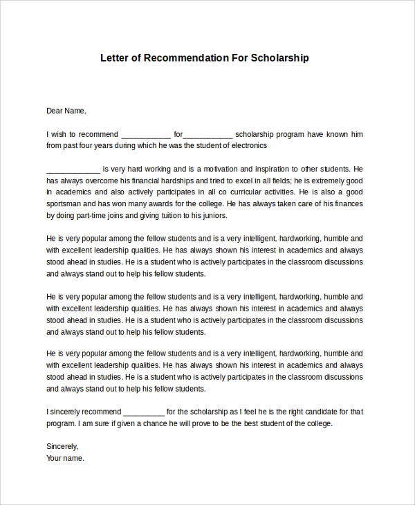 letter of recommendation for scholarship