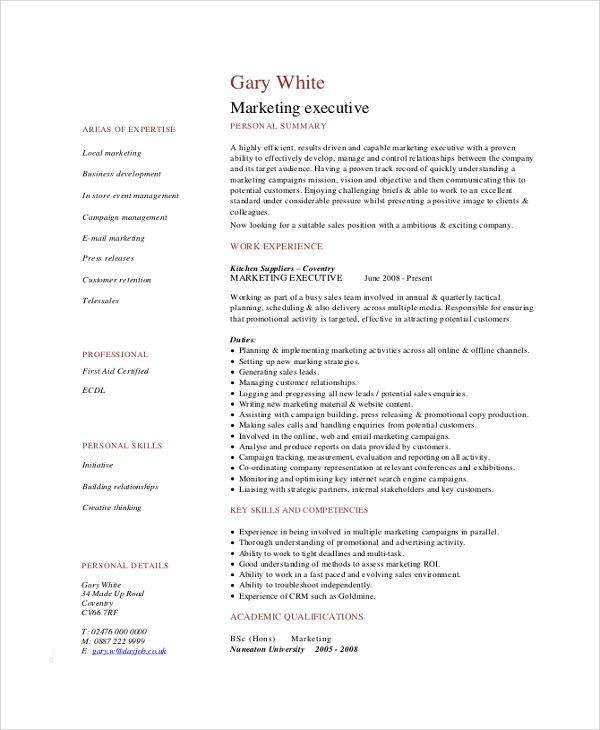 marketing executive resume sample