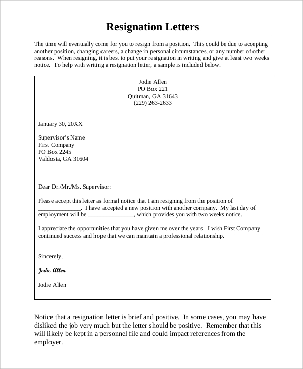 sample basic resignation letter