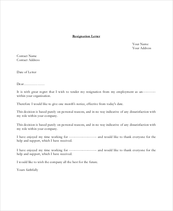 sample resignation letter for personal reasons