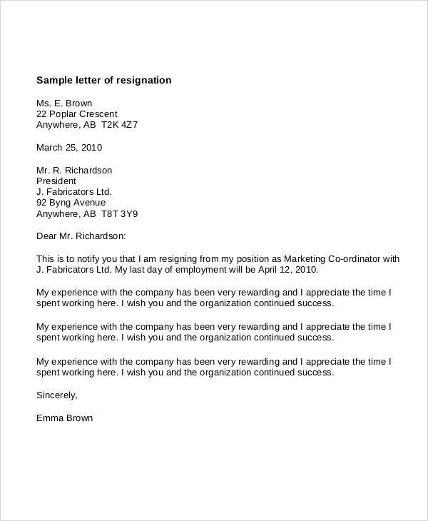FREE 6+ Sample Letter of Resignation in MS Word PDF