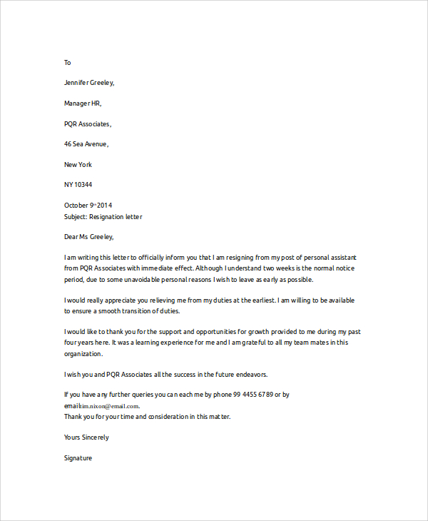 involuntary resignation letter sample