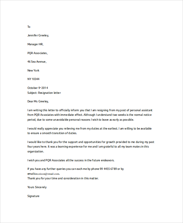 resign letter Resignation Examples  7 Word, Sample  PDF  in of Letter