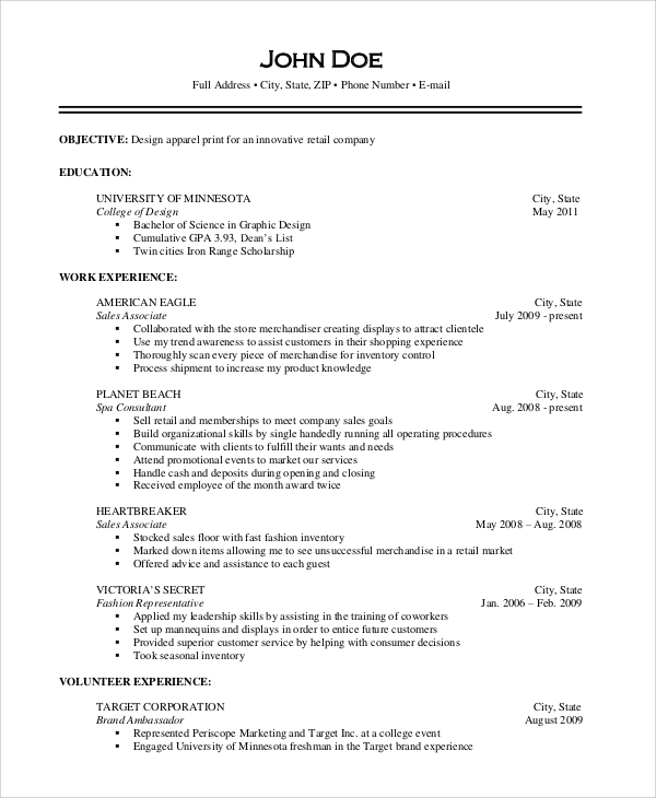 resume sample for sales associate