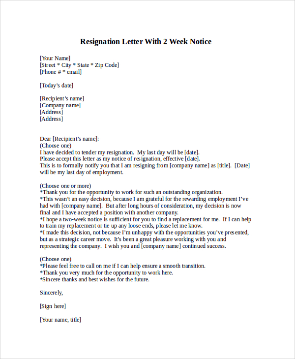 resignation letter with 2 week notice