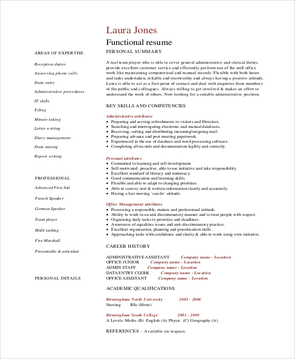 functional resume for administrative assistant