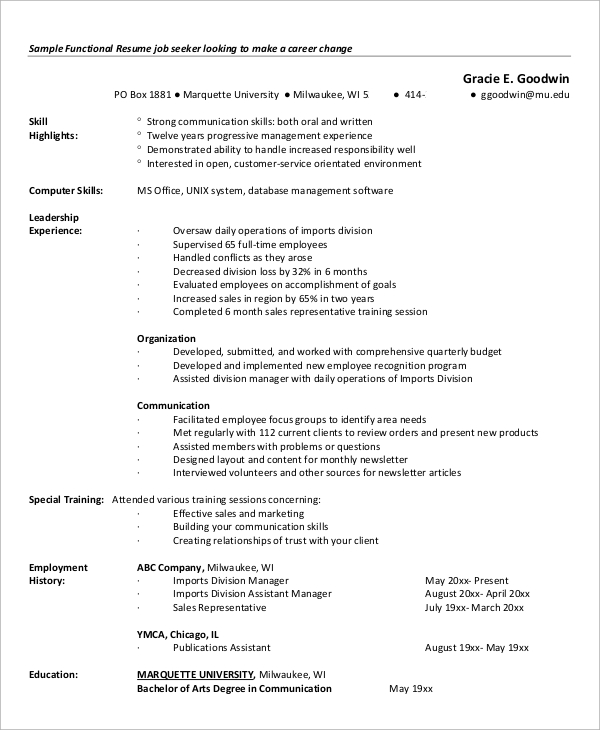 experienced functional resume