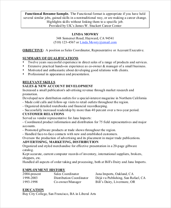 sales functional resume 