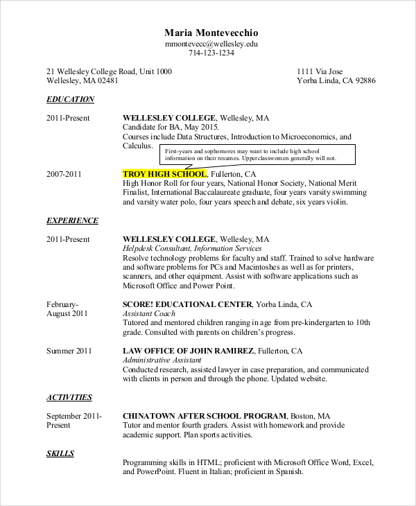 College Resume Templates For High School Students