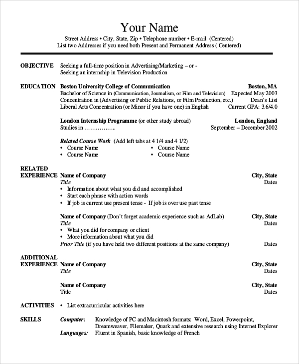 sample resume college application