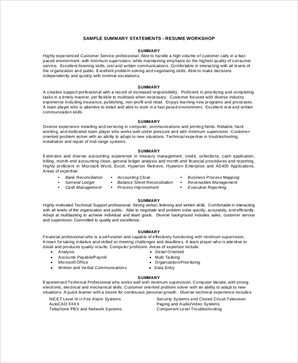 resume personal summary example