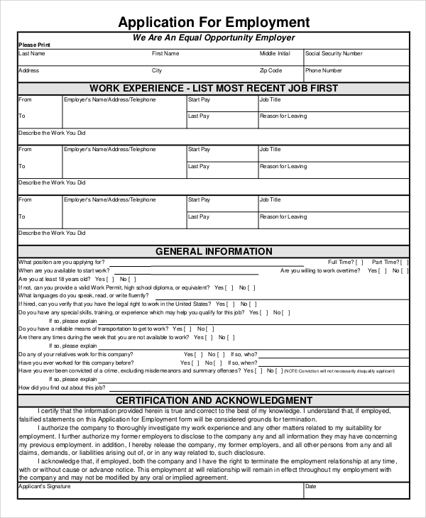 FREE 12+ Sample Employment Application Forms in MS Word PDF