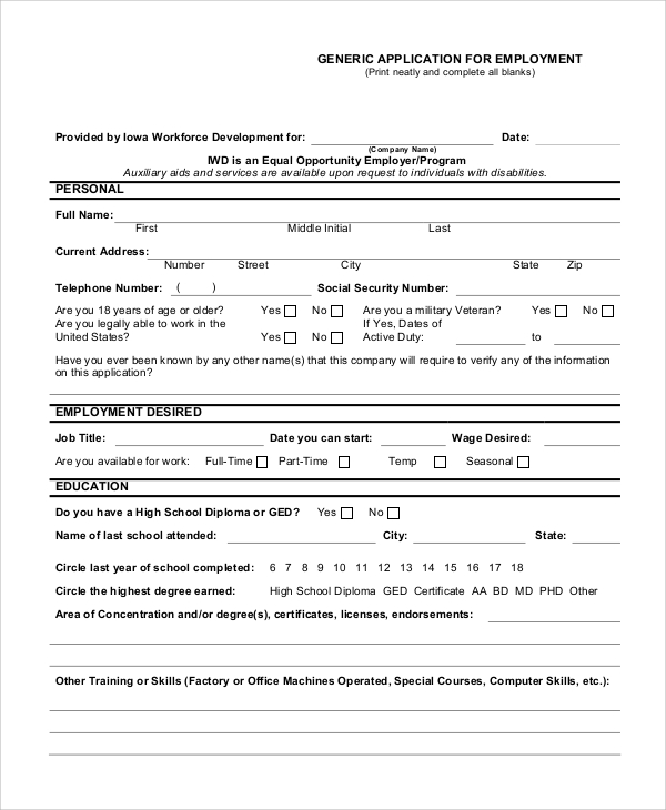 free 8 sample employment application forms in ms word pdf