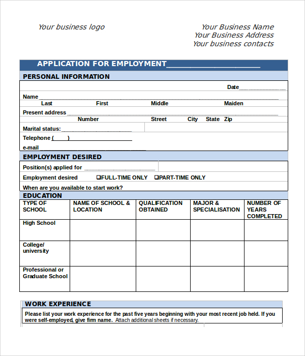 employment application form word