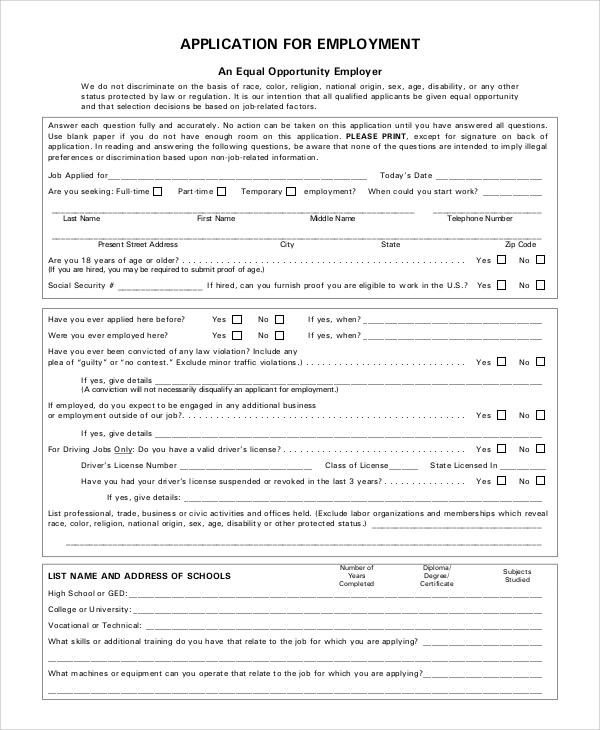 sample employment form 