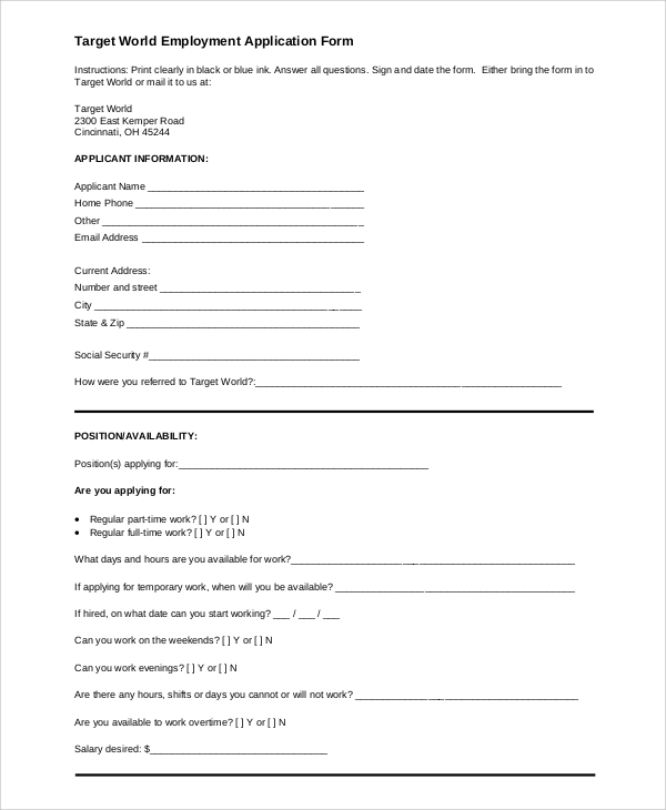 target employment application form