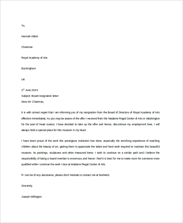 sample board resignation letter