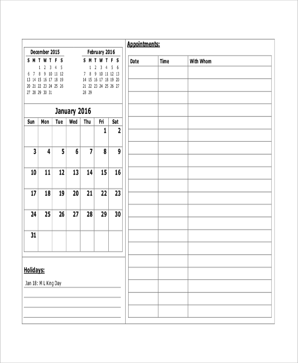 Monthly Appointment Calendar Free Printable