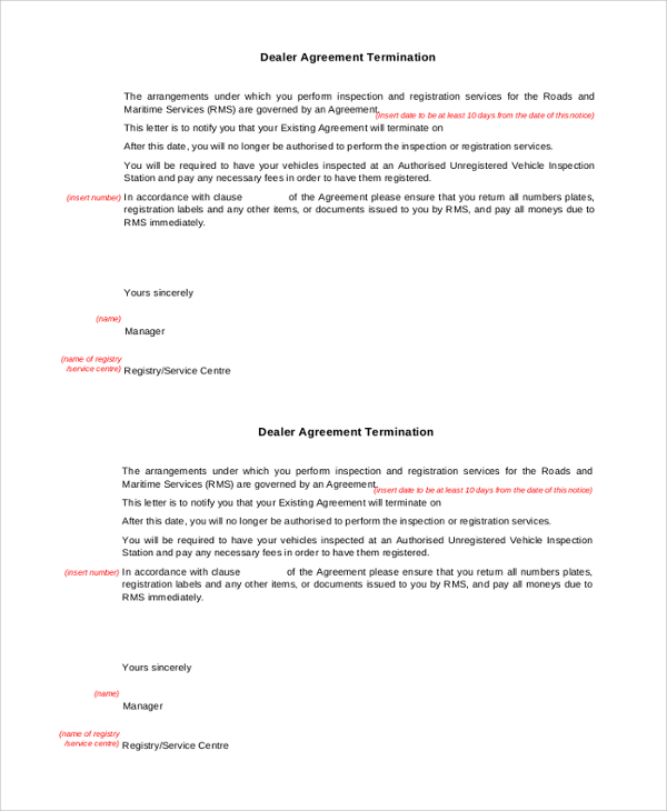 dealer agreement termination letter