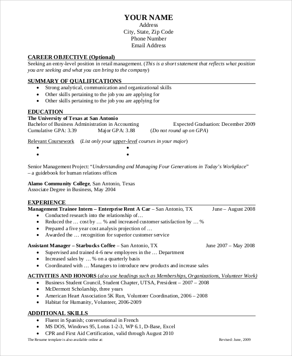 business resume layout