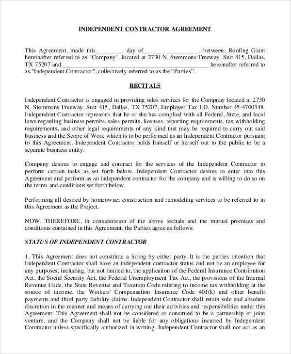 Free 10 Sample Independent Contractor Agreement Templates In Ms Word Pdf Google Docs Apple Pages