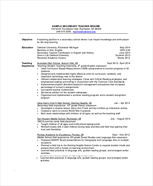 sample resume for high school teacher with experience