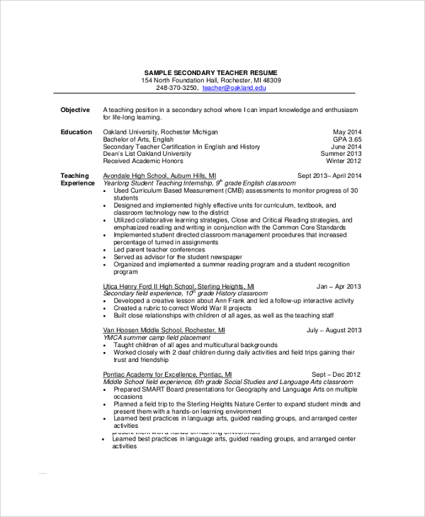 secondary school teacher resume