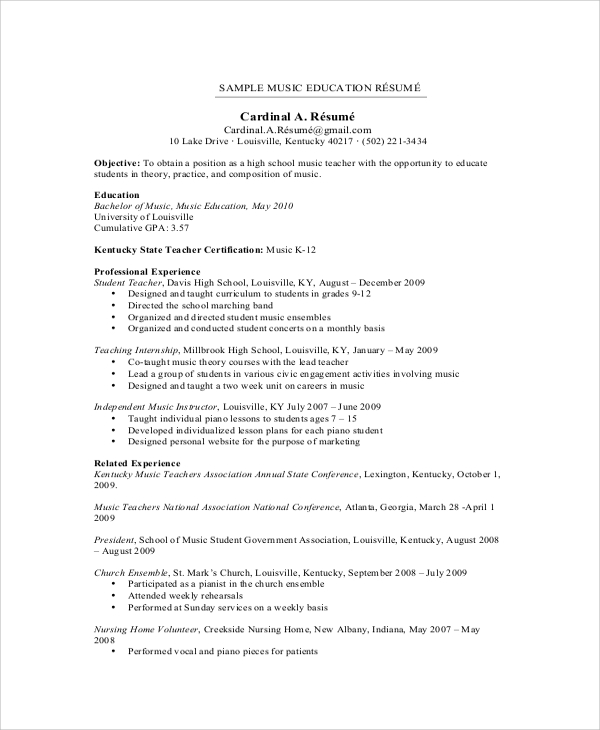 music teacher resume