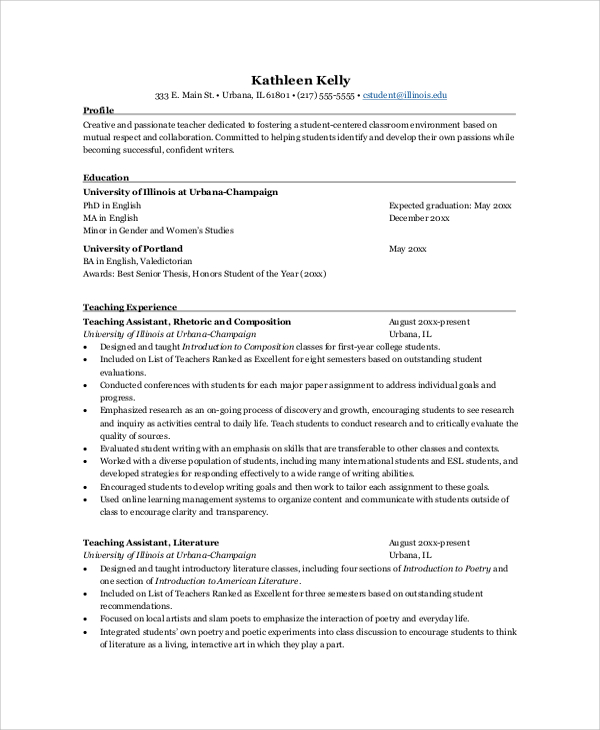 free sample resume for teacher