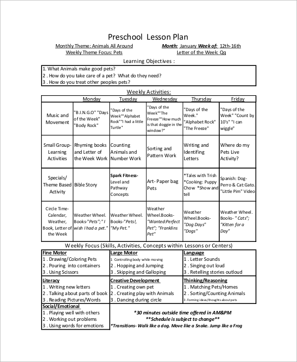 FREE 9 Sample Preschool Lesson Plan Templates In MS Word PDF