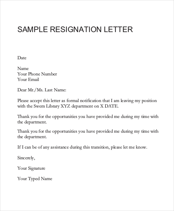 Ms Word Letter Of Resignation Template