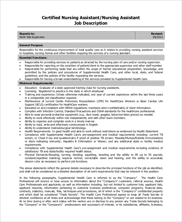 Nursing assistant job description in canada