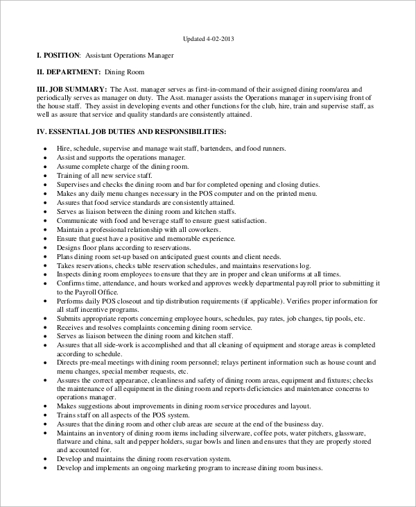 Assistant House Manager Job Description - Name Job Description Assistant Food And Beverage Manager - A house manager oversees the organisation and running of their employer's household.