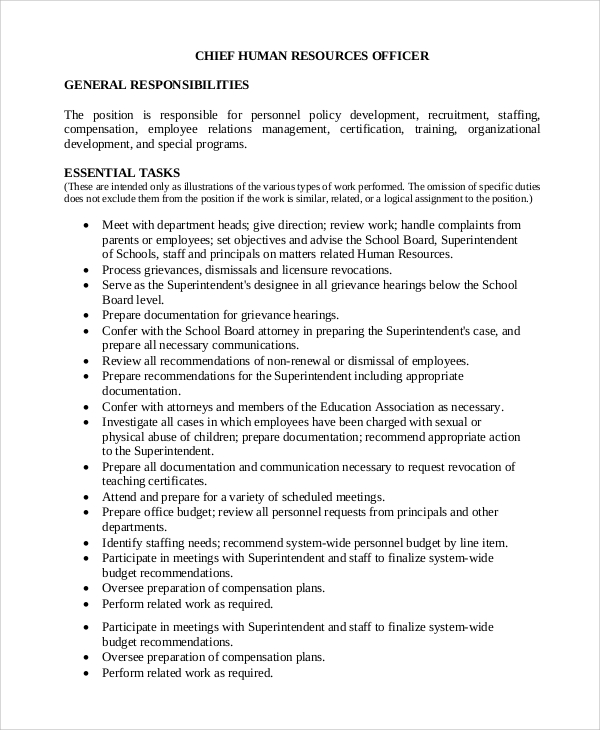 chief human resources officer job description
