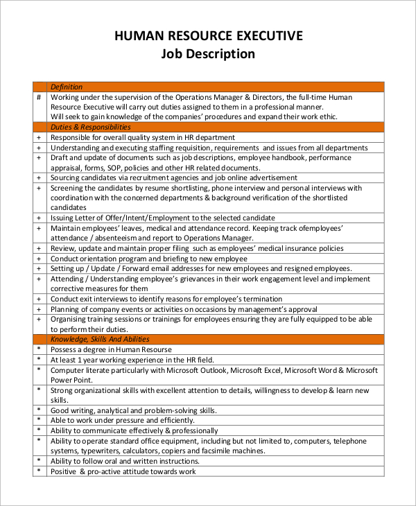 human resources executive job description