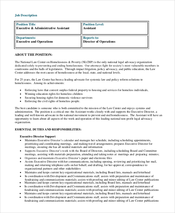 executive administrative assistant job description resume